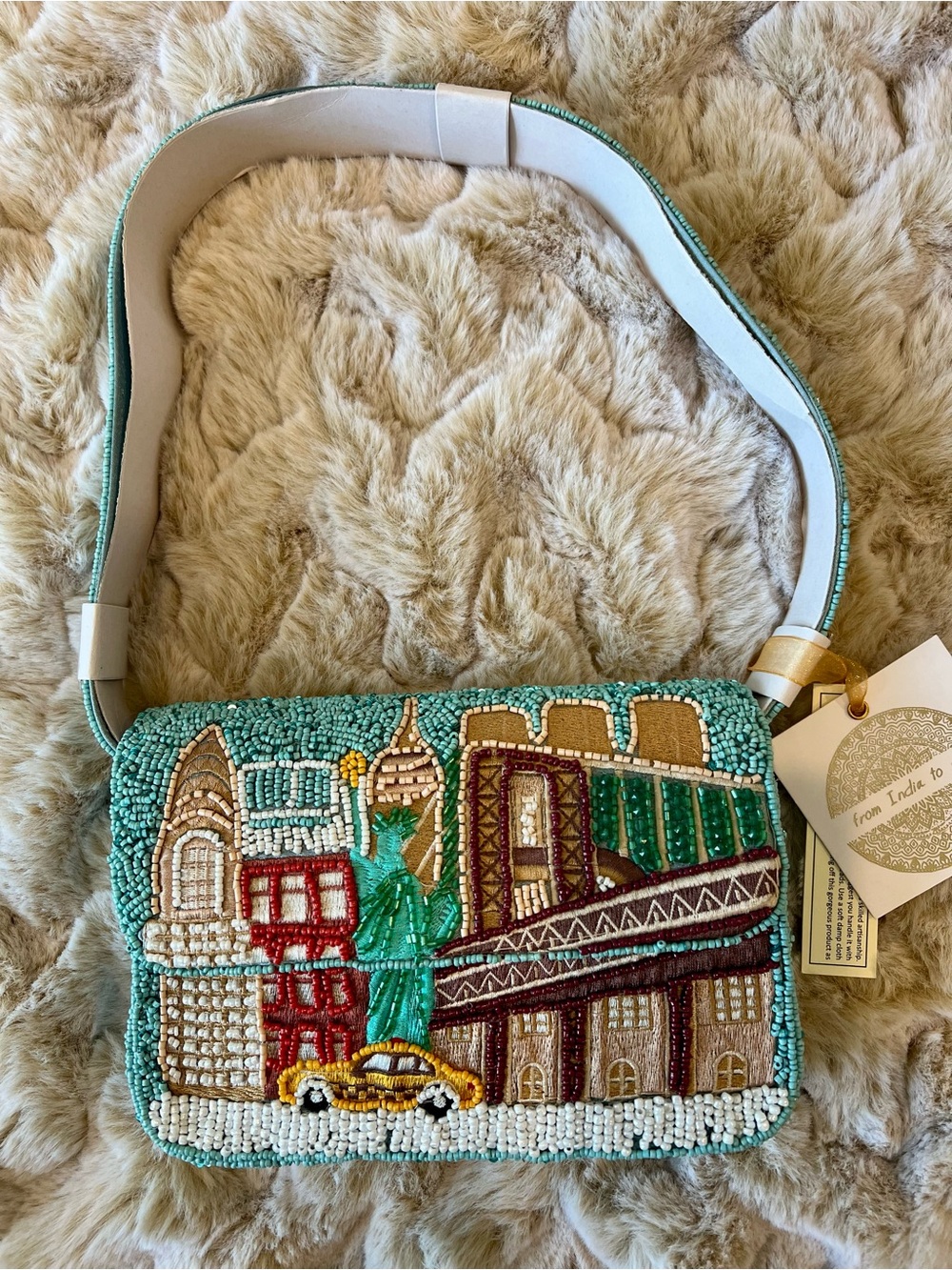 NEW RELEASE! NYC Teal Beaded Cityscape Shoulder Bag with Yellow Taxi Accent NWT